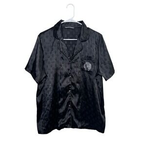 Chrome Hearts Black Monogram Button Up Pajama Shirt Rhinestone Logo Pocket Large